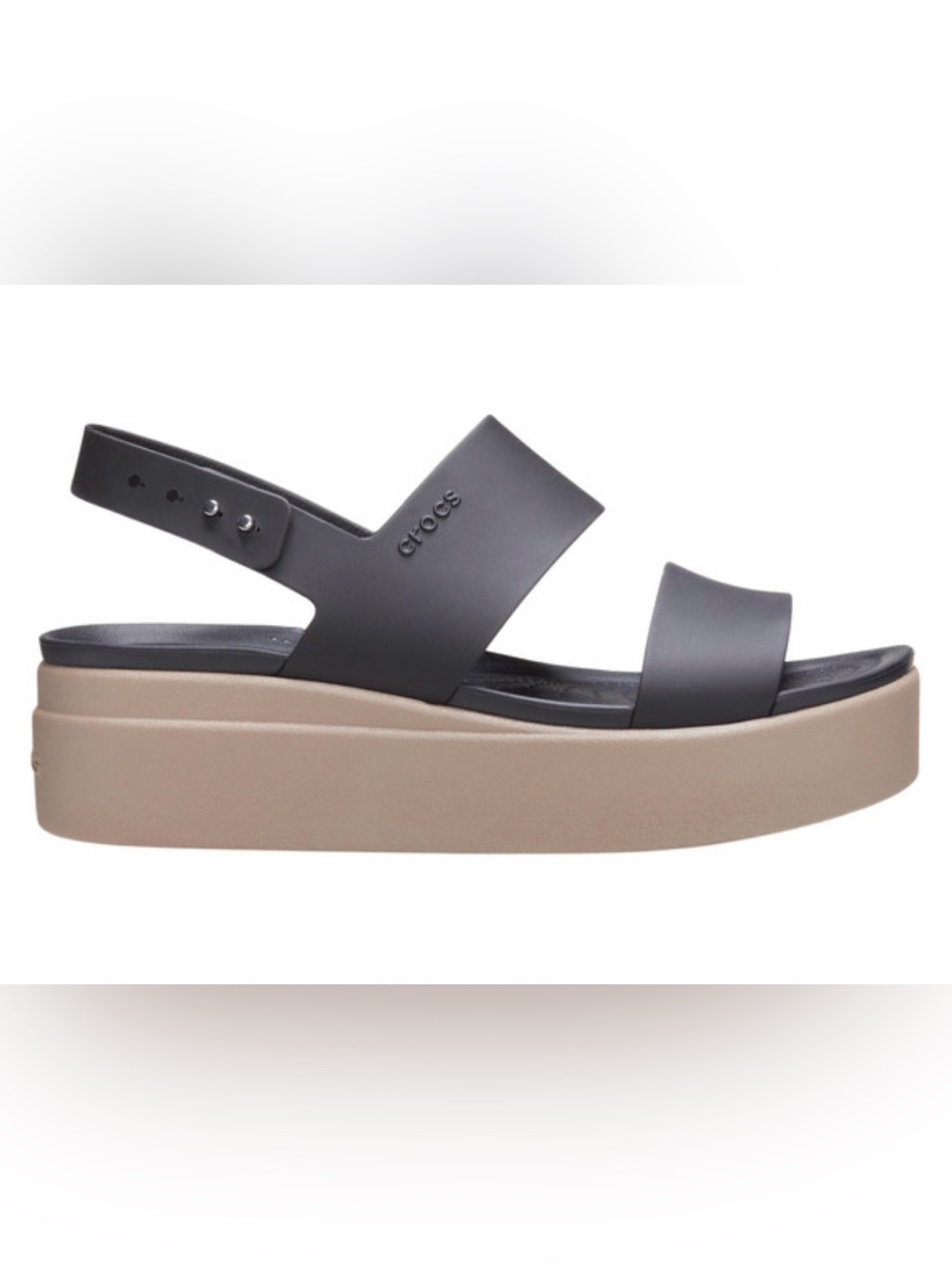 CROCS  Brooklyn Low Wedge  Black Strap Platform Sandal with Tan Sole size 9